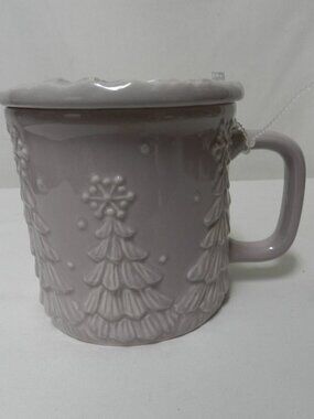 Temptations Christmas Tree purple Mug Cup w/ Lid stoneware Micro Dish 16 oz NEW